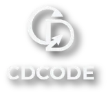 Logo compact de CDCODE avec les lettres C et D stylisées en boucle, suivi du nom en lettres majuscules blanches avec une ombre portée noir.