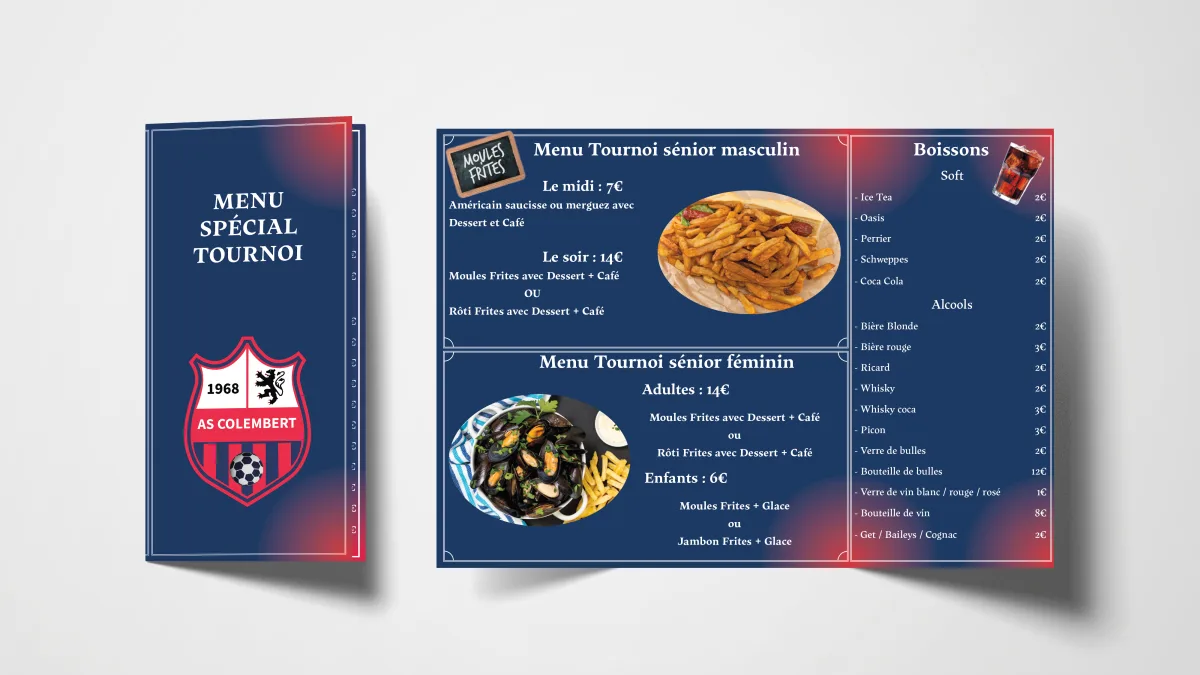 Brochure design AS Colembert – identité visuelle et menu tournoi personnalisé.