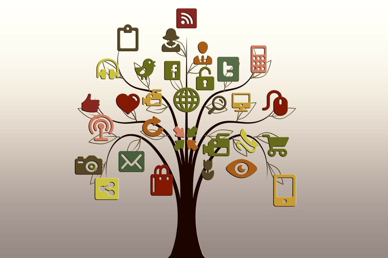 Illustration d’un arbre dont les branches portent des icônes de réseaux sociaux, d’e-commerce et de communication numérique.